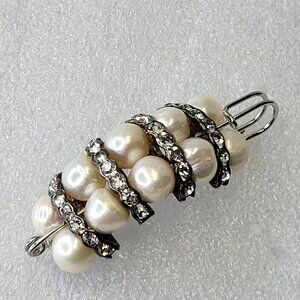 White Faux Pearl and Rhinestones Brooch Safety Pin